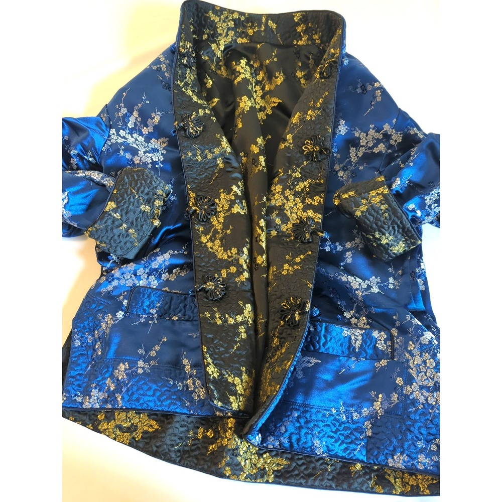 Vtg Reversible Qipao Chinese Jacket Women L Plum Blossom Black Royal Blue Gold